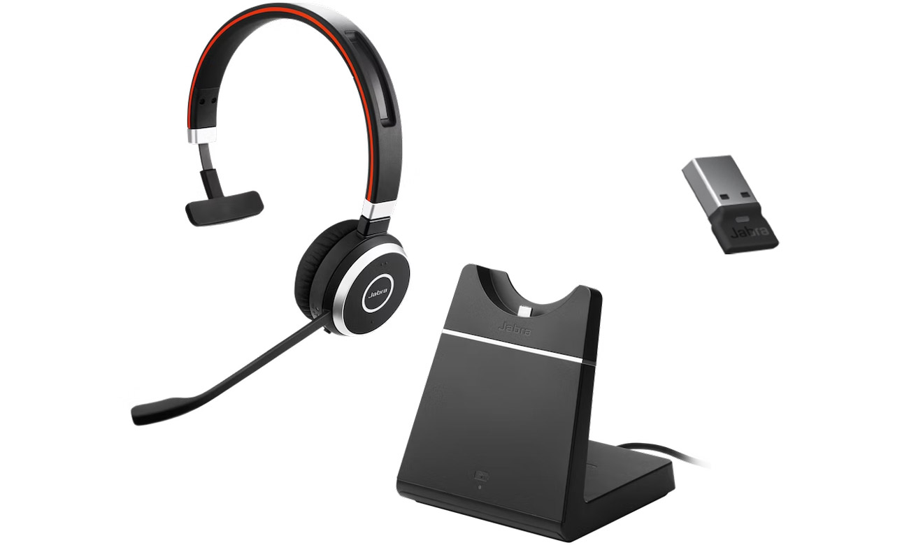 Zestaw słuchawkowy Jabra Evolve 65 SE Mono UC + stacja ładowania + adapter USB-A - Widok od przodu pod kątem