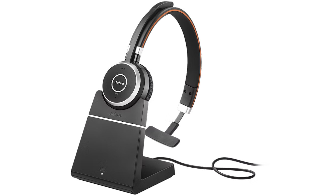 Zestaw słuchawkowy Jabra Evolve 65 SE UC Mono + stacja ładowania - Widok od przodu pod kątem