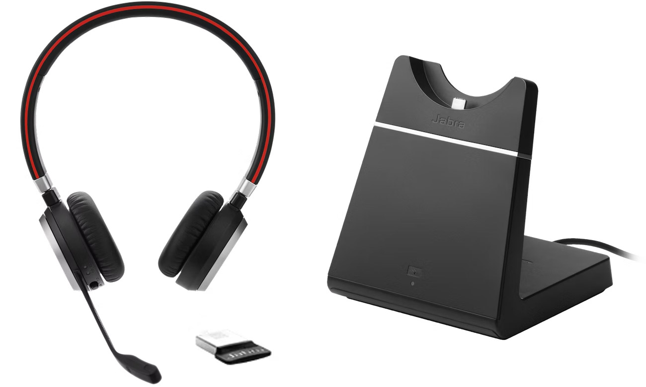 Zestaw słuchawkowy Jabra Evolve 65 SE MS Stereo + stacja ładowania - Widok od przodu pod kątem