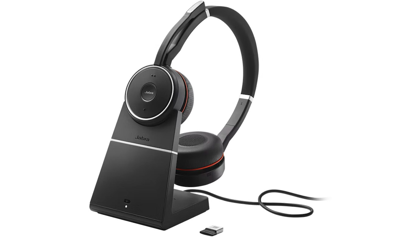 Zestaw słuchawkowy Jabra Evolve 75 SE ME + stacja ładująca + adapter - Widok od przodu pod kątem