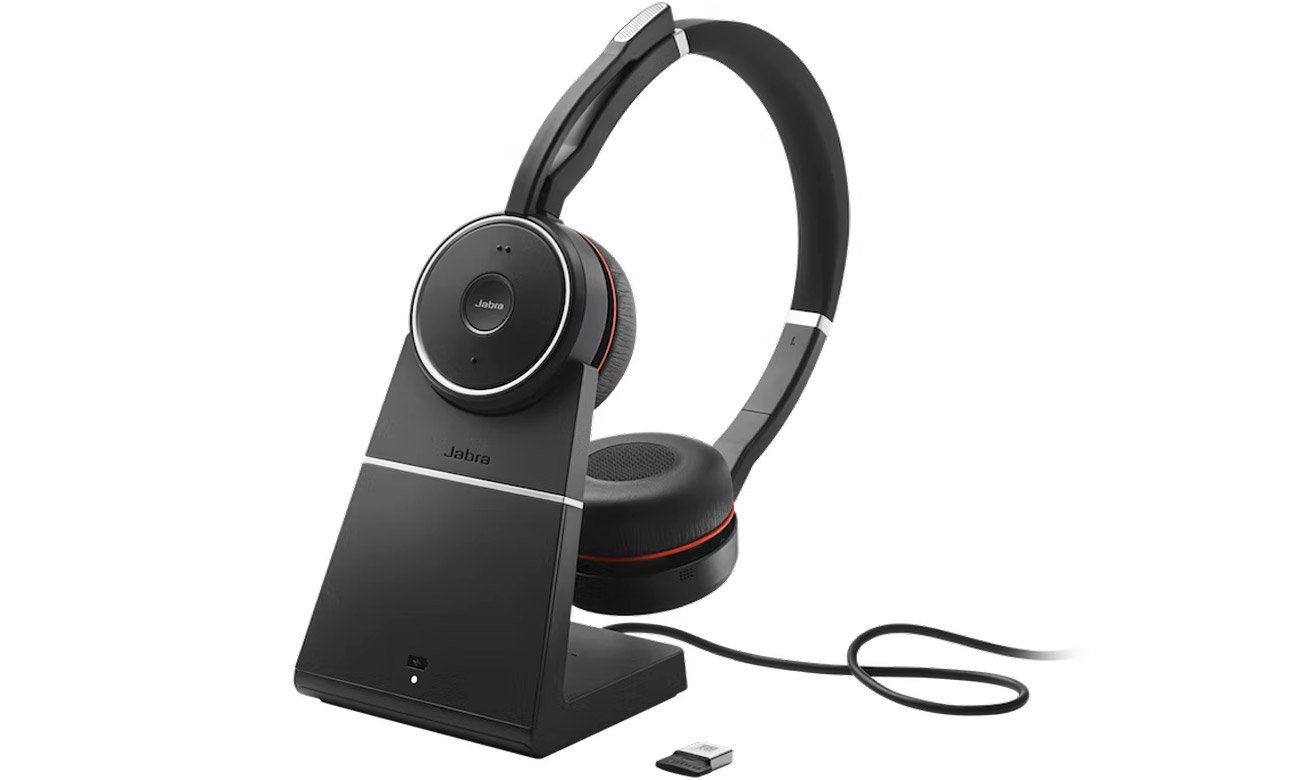 Zestaw słuchawkowy Jabra Evolve 75 SE UC + stacja ładująca + adapter USB-A - Widok od przodu pod kątem