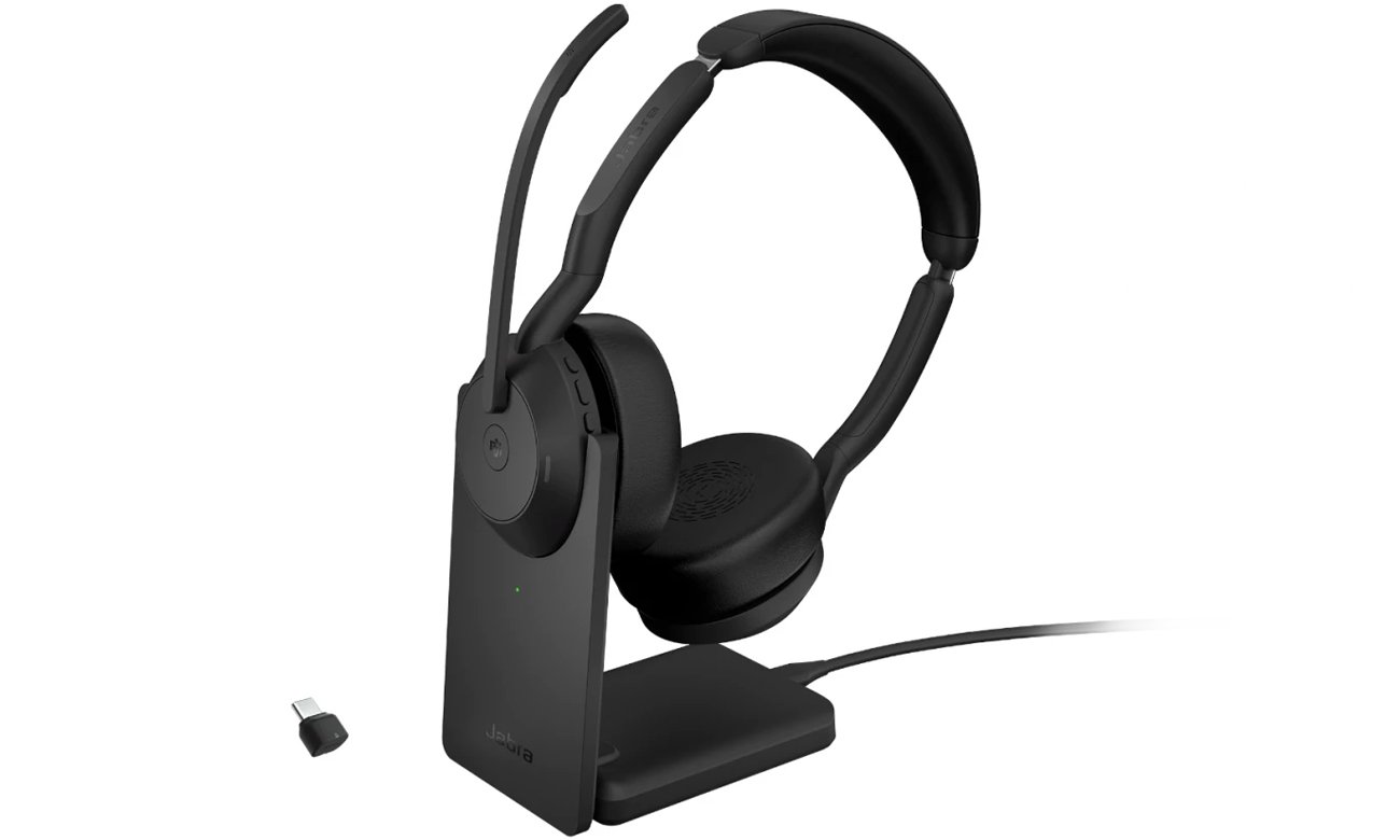 Zestaw słuchawkowy Jabra Evolve2 55 USB-C Stereo MS Stand + adapter + stacja ładowania - Widok od przodu pod kątem
