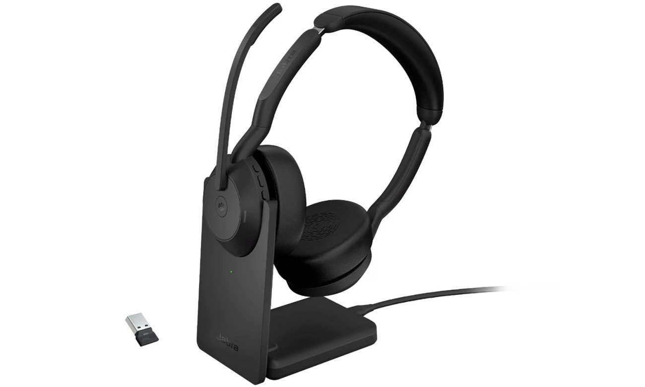 Zestaw słuchawkowy Jabra Evolve2 55 USB-A Stereo MS Stand + adapter + stacja ładowania - Widok od przodu pod kątem