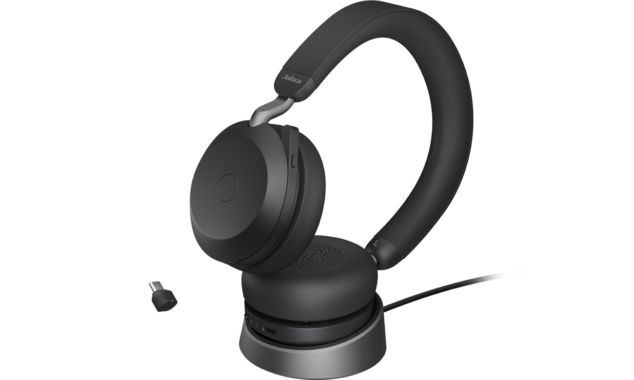Zestaw słuchawkowy Jabra Evolve2 75 Stereo UC + stacja ładująca + adapter USB-C - Widok od przodu pod kątem