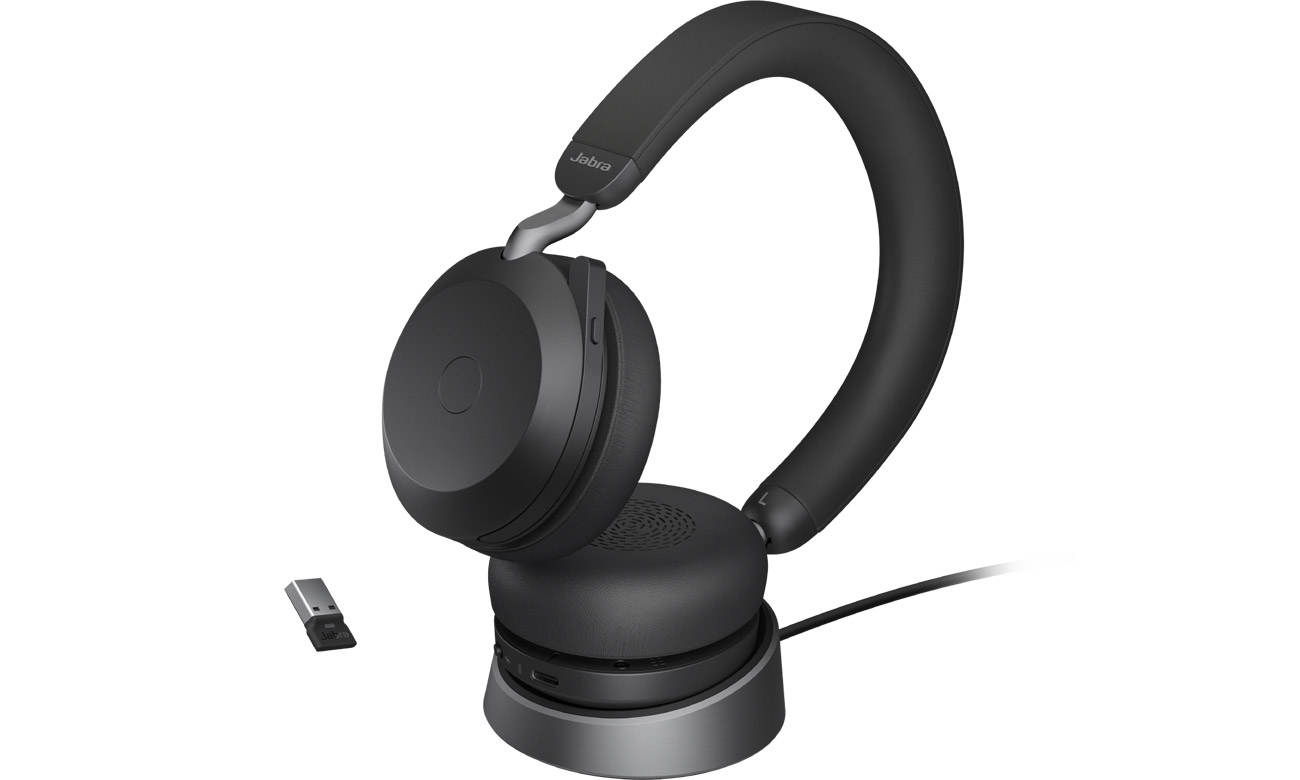 Zestaw słuchawkowy Jabra Evolve2 75 Stereo UC + stacja ładująca + adapter USB-A - Widok od przodu pod kątem