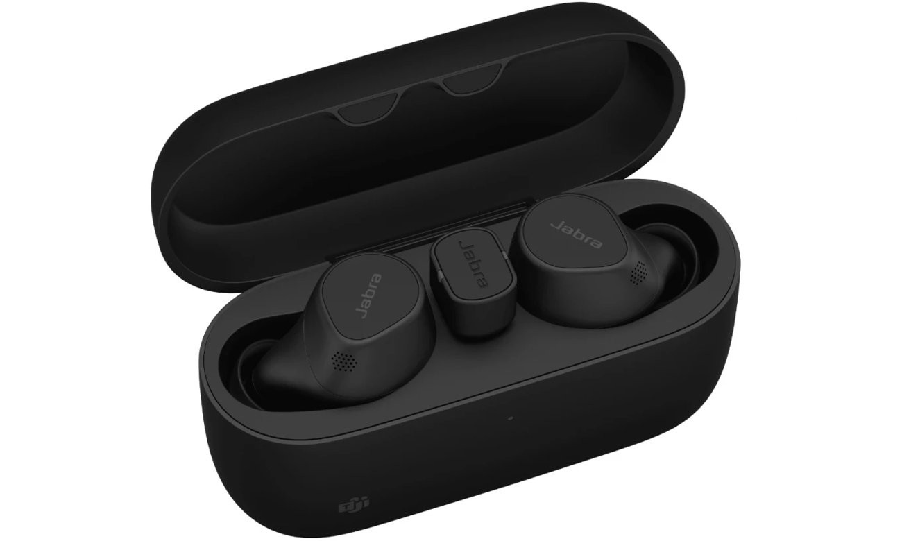 Słuchawki bezprzewodowe Jabra Evolve2 Buds USB-C MS Czarne - Widok od przodu pod kątem wraz z otwartym etui ładującym