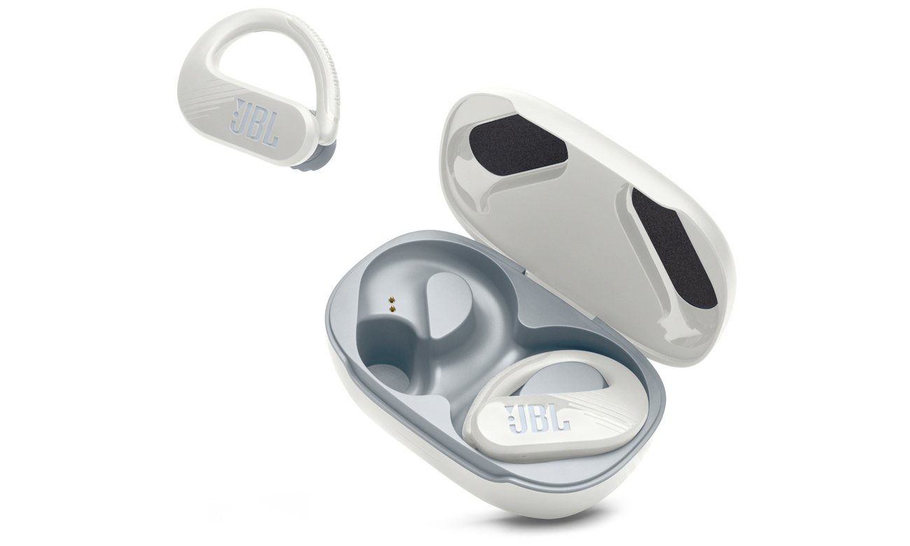 Słuchawki bezprzewodowe JBL Endurance PEAK 3 Białe - Widok od przodu pod kątem wraz z otwartym etui ładującym