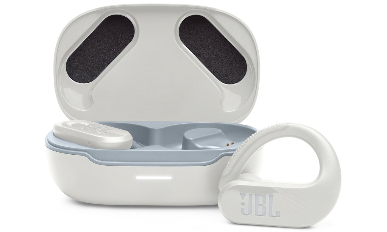 Słuchawki bezprzewodowe JBL Endurance PEAK 3 Białe - Widok od przodu wraz z otwartym etui ładującym