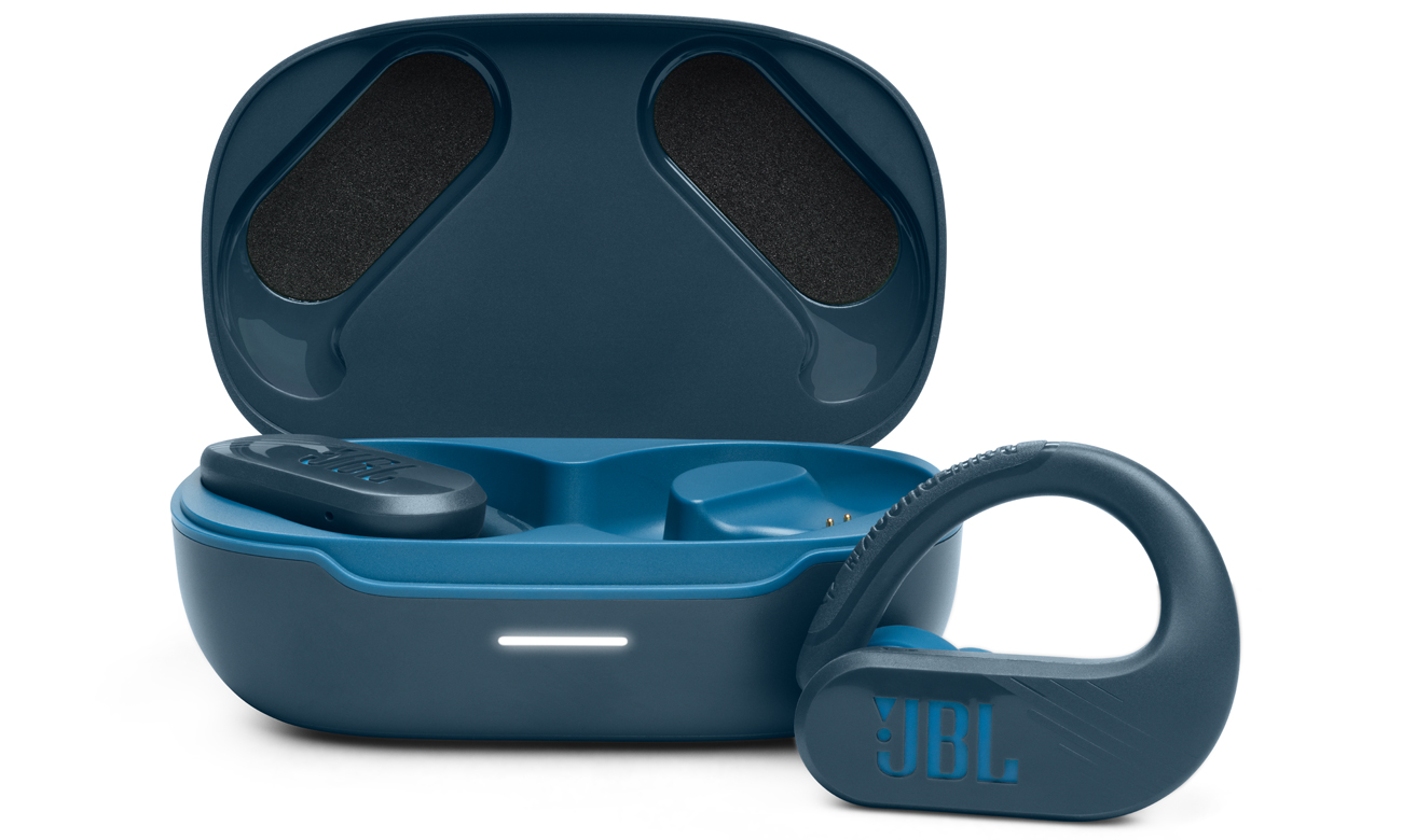 Słuchawki bezprzewodowe JBL Endurance PEAK 3 Niebieskie - Widok od przodu wraz z otwartym etui ładującym