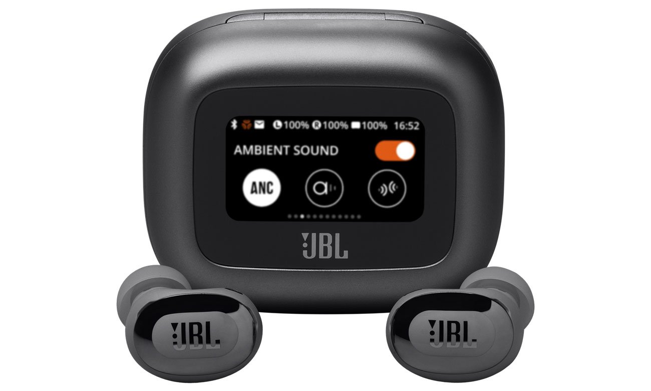 Słuchawki bezprzewodowe JBL Live Buds 3 Czarne - Widok od przodu wraz z zamkniętym etui ładującym