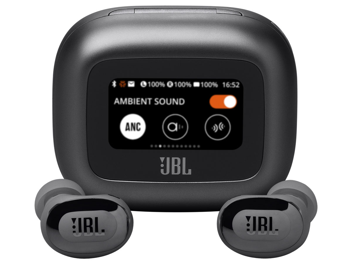 Słuchawki bezprzewodowe JBL Live Buds 3 Czarne - Widok od przodu wraz z zamkniętym etui ładującym