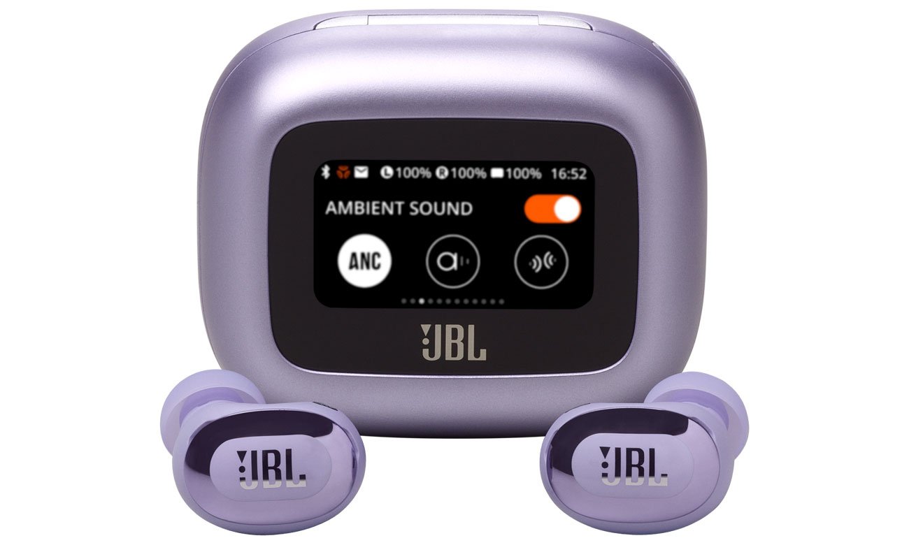 Słuchawki bezprzewodowe JBL Live Buds 3 Fioletowe - Widok od przodu wraz z zamkniętym etui ładującym
