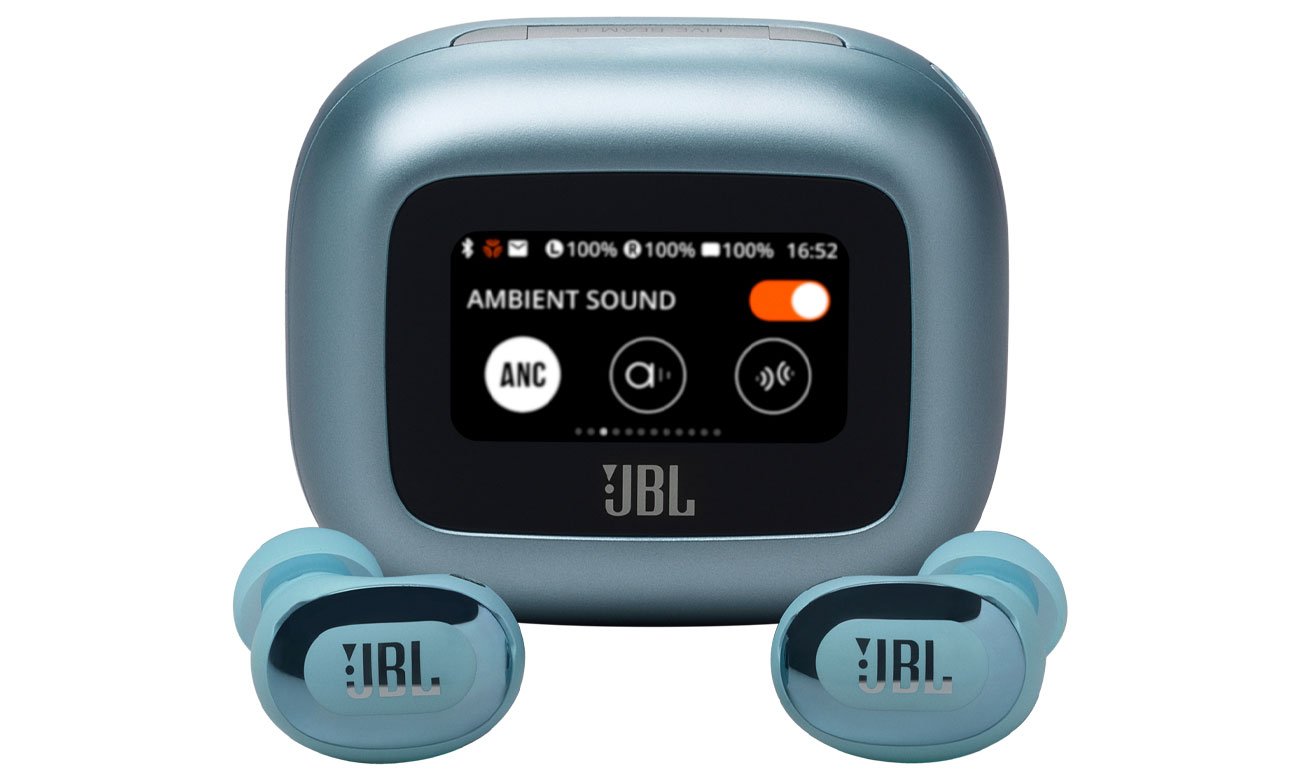 Słuchawki bezprzewodowe JBL Live Buds 3 Niebieskie - Widok od przodu wraz z zamkniętym etui ładującym