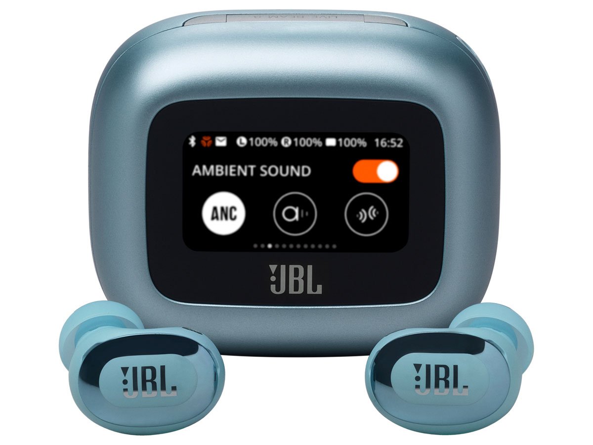Słuchawki bezprzewodowe JBL Live Buds 3 Niebieskie - Widok od przodu wraz z zamkniętym etui ładującym