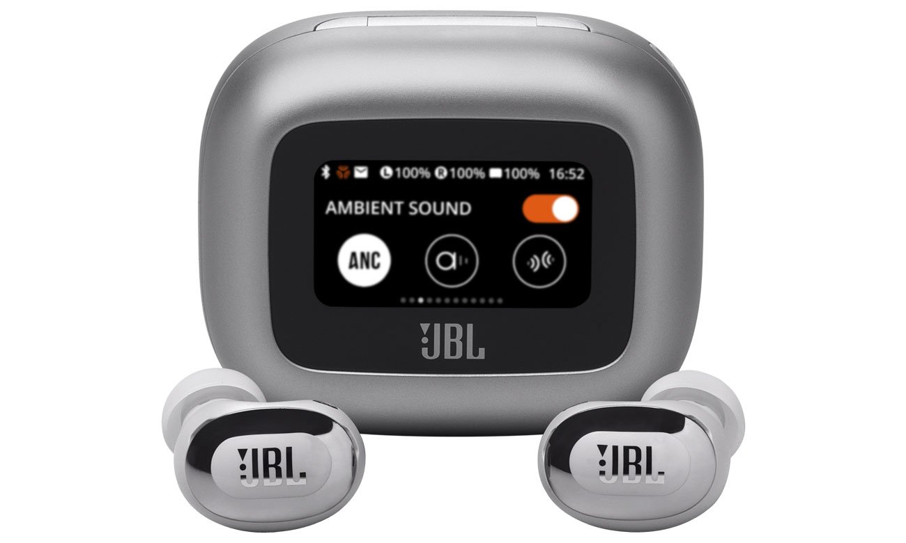 Słuchawki bezprzewodowe JBL Live Buds 3 Srebrne - Widok od przodu wraz z zamkniętym etui ładującym