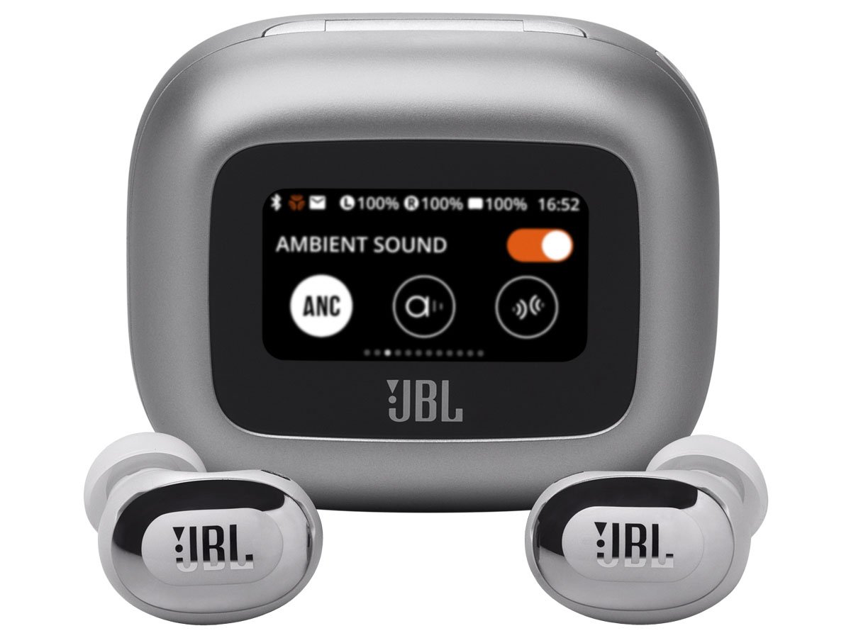 Słuchawki bezprzewodowe JBL Live Buds 3 Srebrne - Widok od przodu wraz z zamkniętym etui ładującym