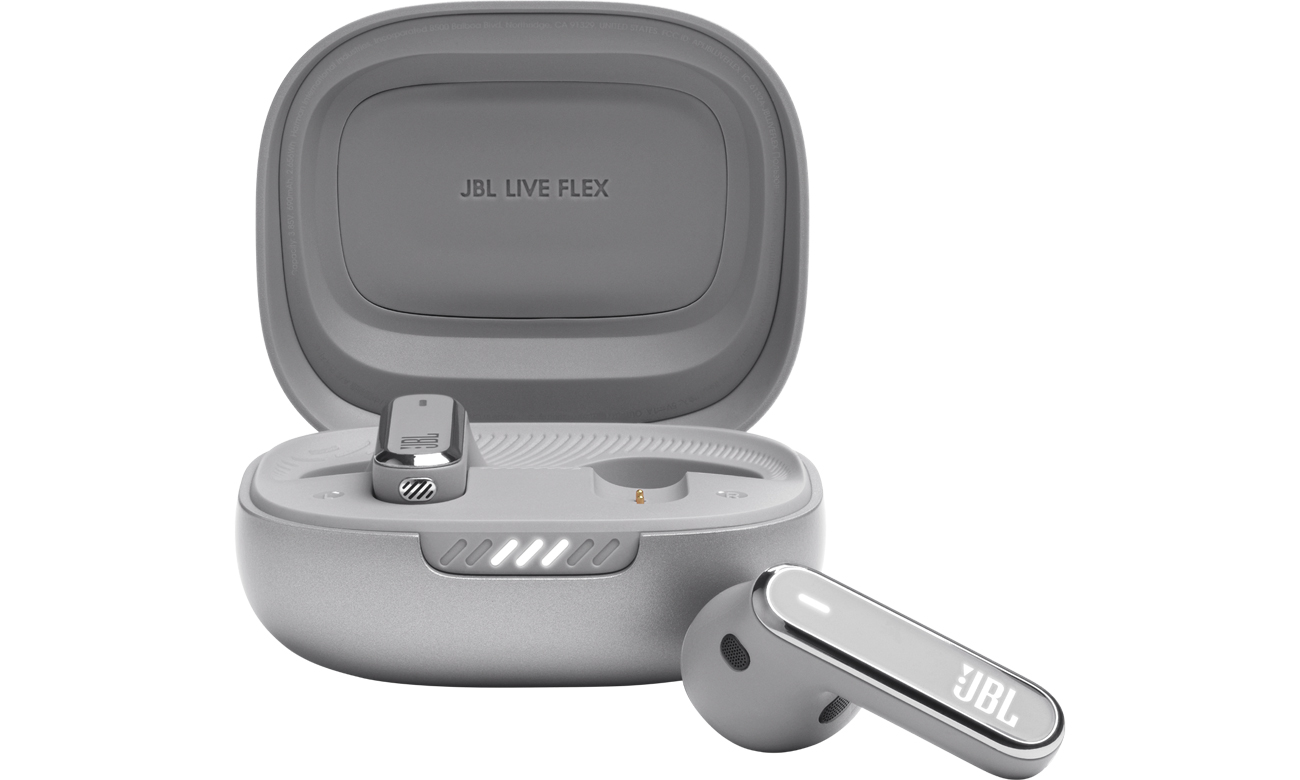Słuchawki bezprzewodowe JBL Live Flex Srebrne - Widok od przodu wraz z otwartym etui ładującym