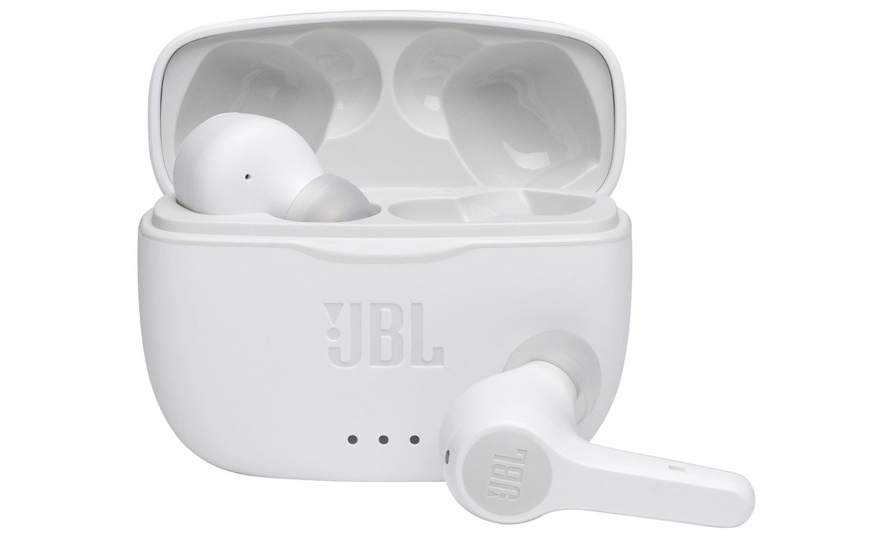 Słuchawki bezprzewodowe JBL Tune 215 TWS Białe - Widok od przodu wraz z etui