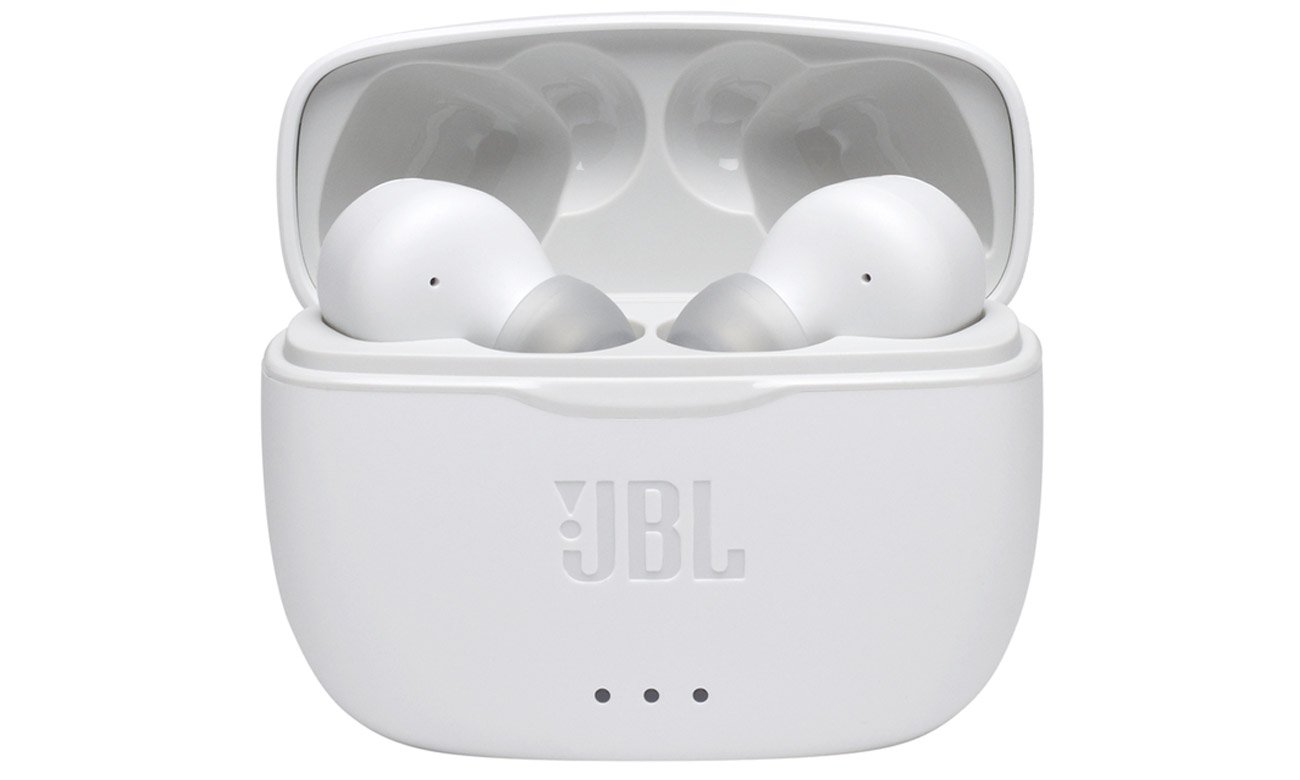Słuchawki bezprzewodowe JBL Tune 215 TWS Białe - Widok od przodu wraz z etui