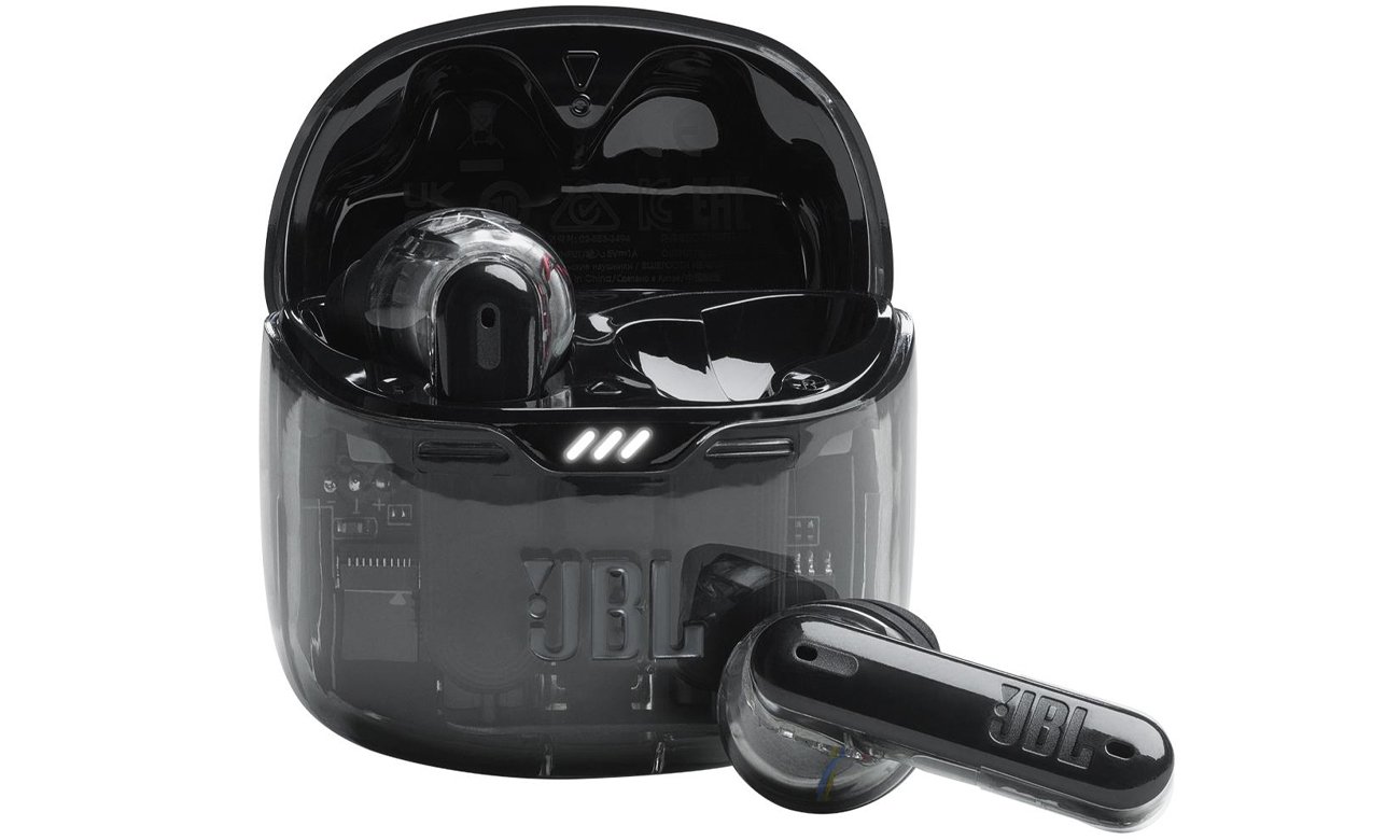 Słuchawki bezprzewodowe JBL Tune Flex Ghost Edition Czarne - Widok od przodu wraz z otwartym etui ładującym