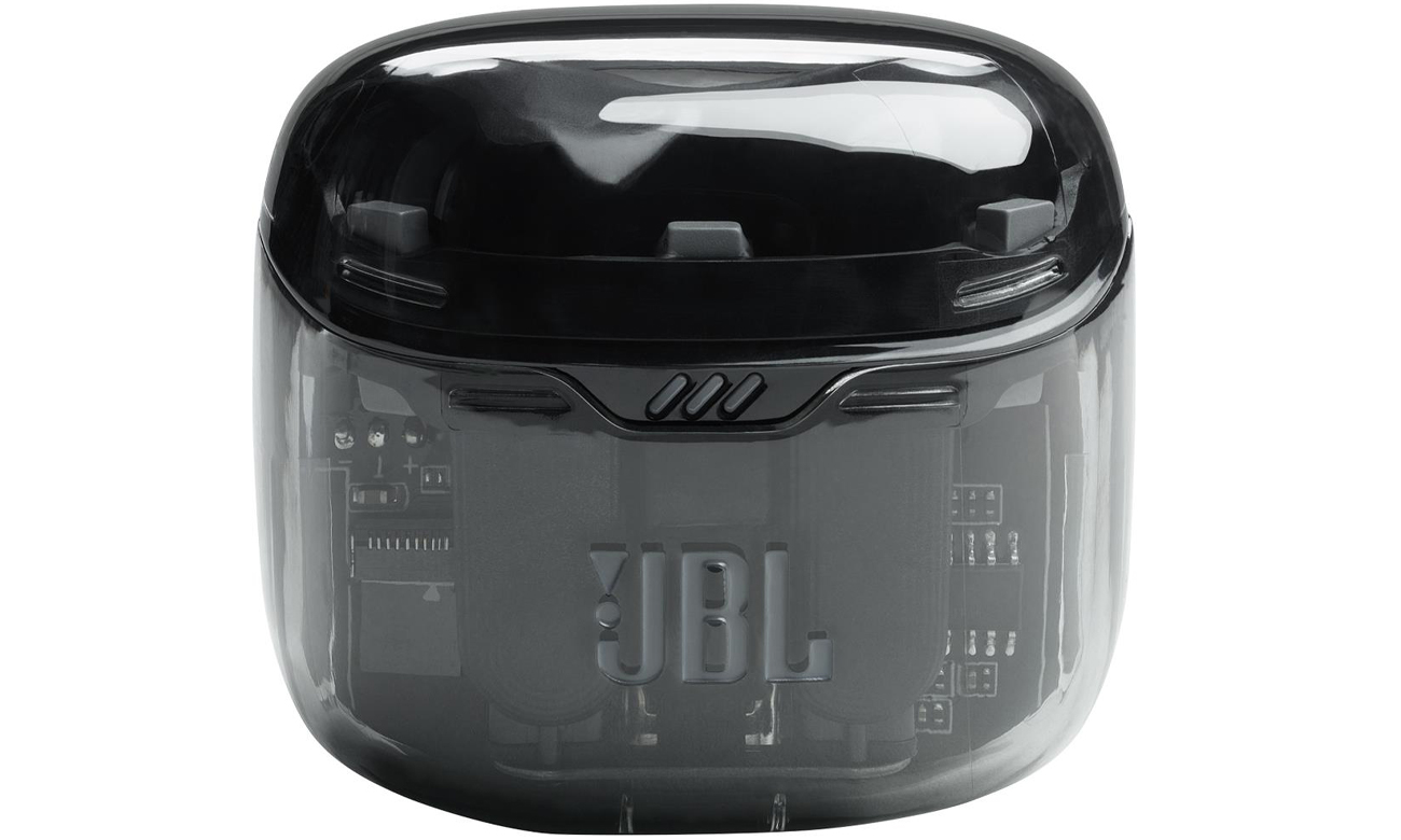 Słuchawki bezprzewodowe JBL Tune Flex Ghost Edition Czarne - Widok od przodu wraz z otwartym etui ładującym