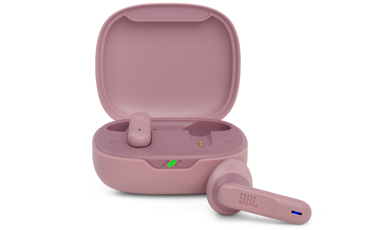 Słuchawki bezprzewodowe JBL Vibe 300TWS Różowe - Widok od przodu wraz z etui
