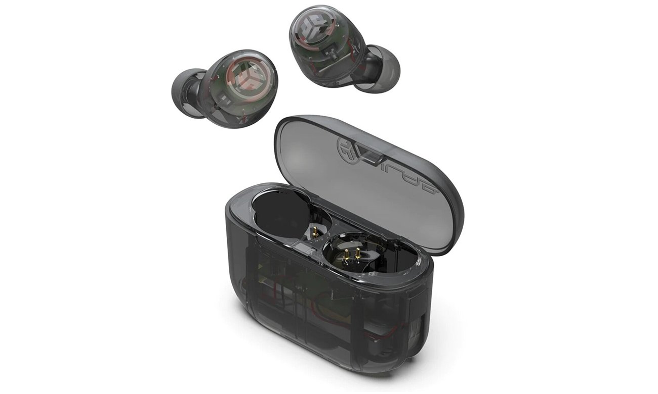 Bluetooth-In-Ear-Kopfhörer JLab Go Air Pop Clear - Vorderansicht im Winkel mit Ladeetui