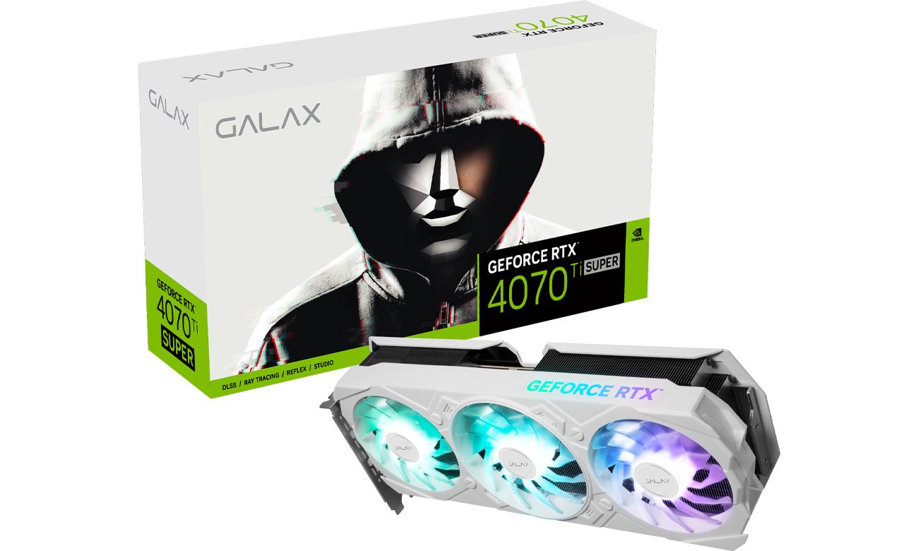 KFA2 GeForce RTX 4070 Ti Super EX Gamer White 16GB GDDR6X - Widok od przodu pod kątem wraz z opakowaniem