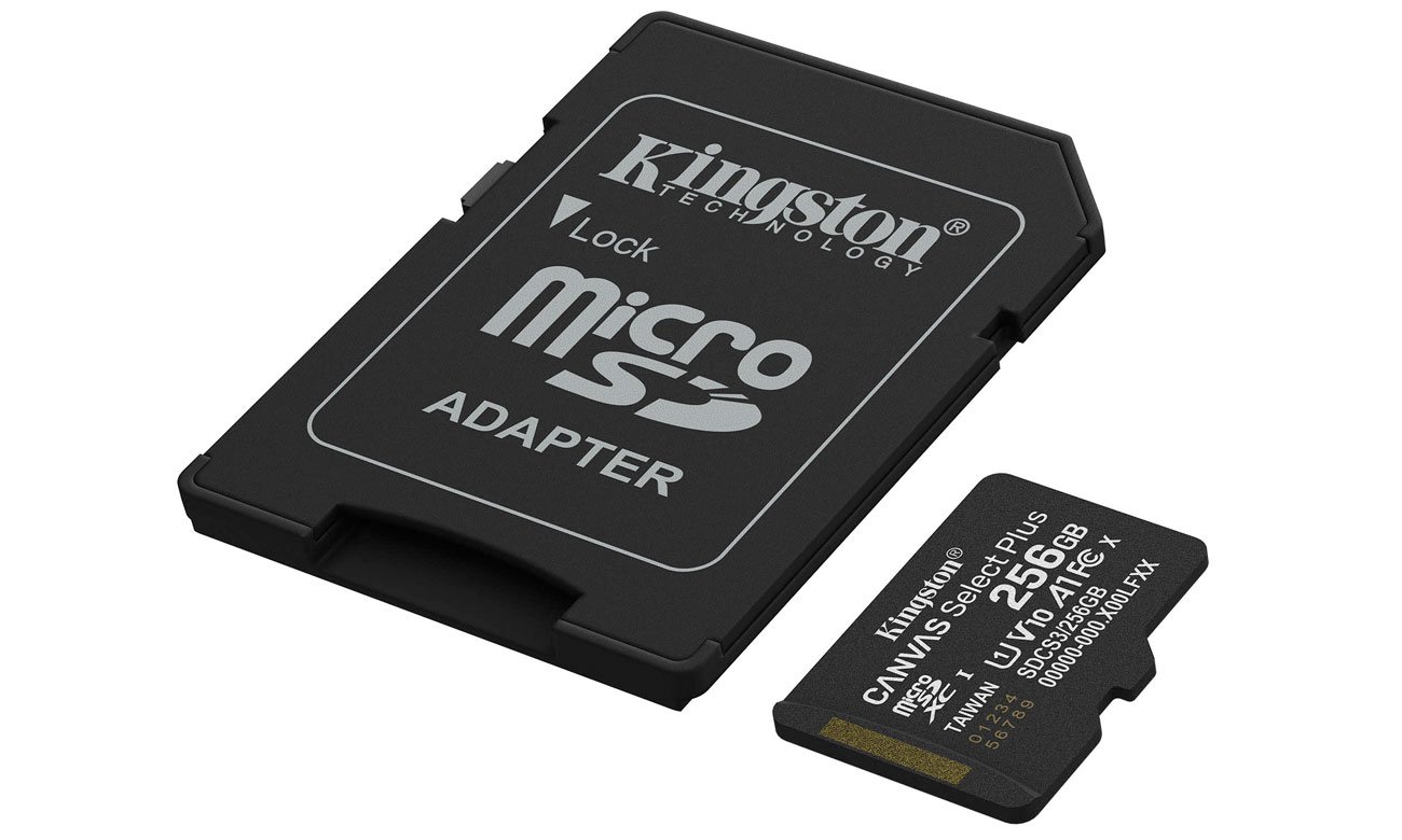 Karta pamięci microSD Kingston Canvas Select Plus Gen3 256 GB - Widok ogólny wraz z adapterem