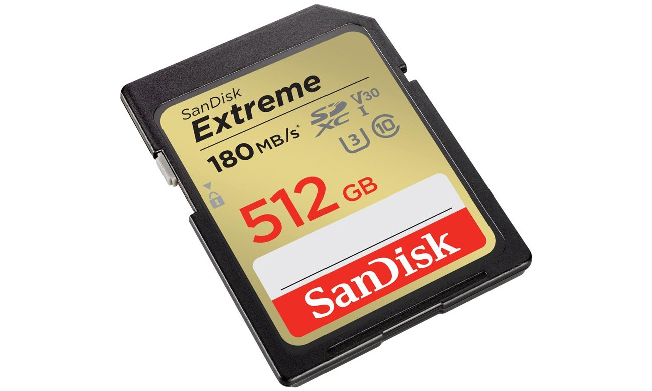 SanDisk 256GB SDXC Extreme 180MB/s A2 C10 V30 UHS-I U3 pod kątem