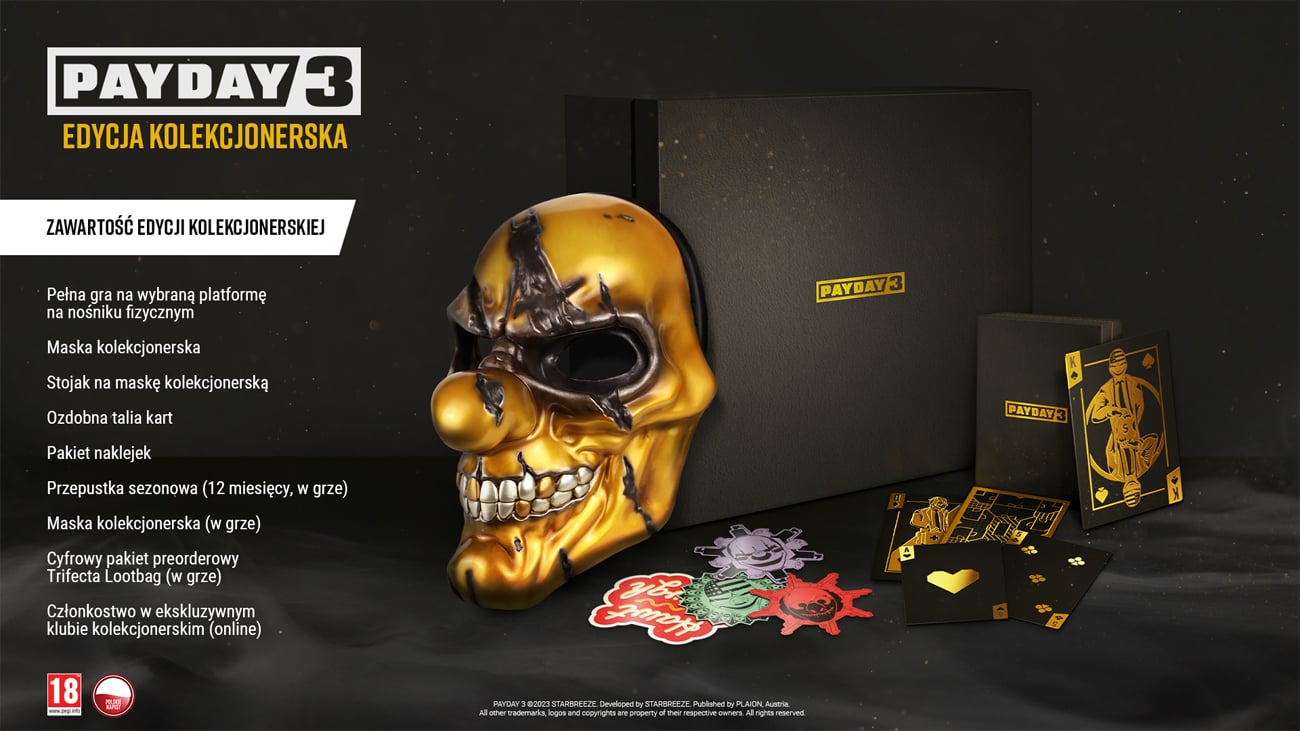 Grafika prezentująca zawartość Edycji Kolekcjonerskiej gry PAYDAY 3