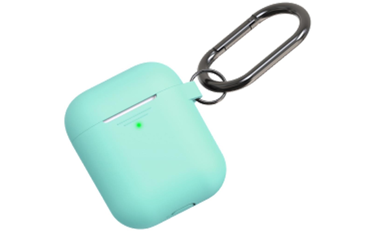 Etui KeyBudz Elevate Keychain für AirPods 1/2 Türkis - Vorderansicht seitlich, geschlossenes Etui