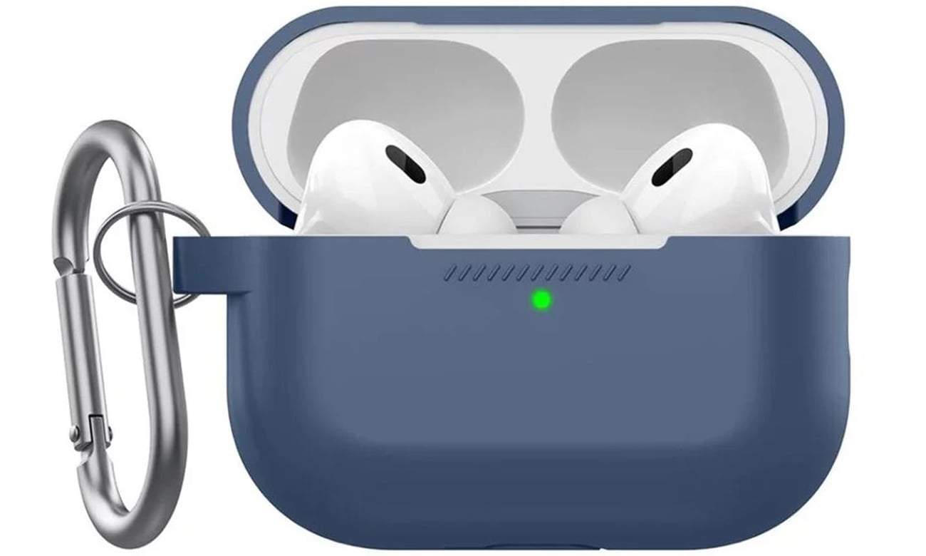 Etui KeyBudz Elevate Keychain do AirPods Pro 2 Niebieskie - Widok od przodu, otwarte etui