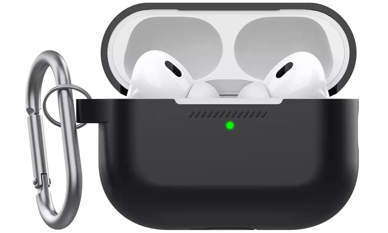 Etui KeyBudz Elevate Keychain do AirPods Pro 2 Czarne - Widok od przodu, otwarte etui