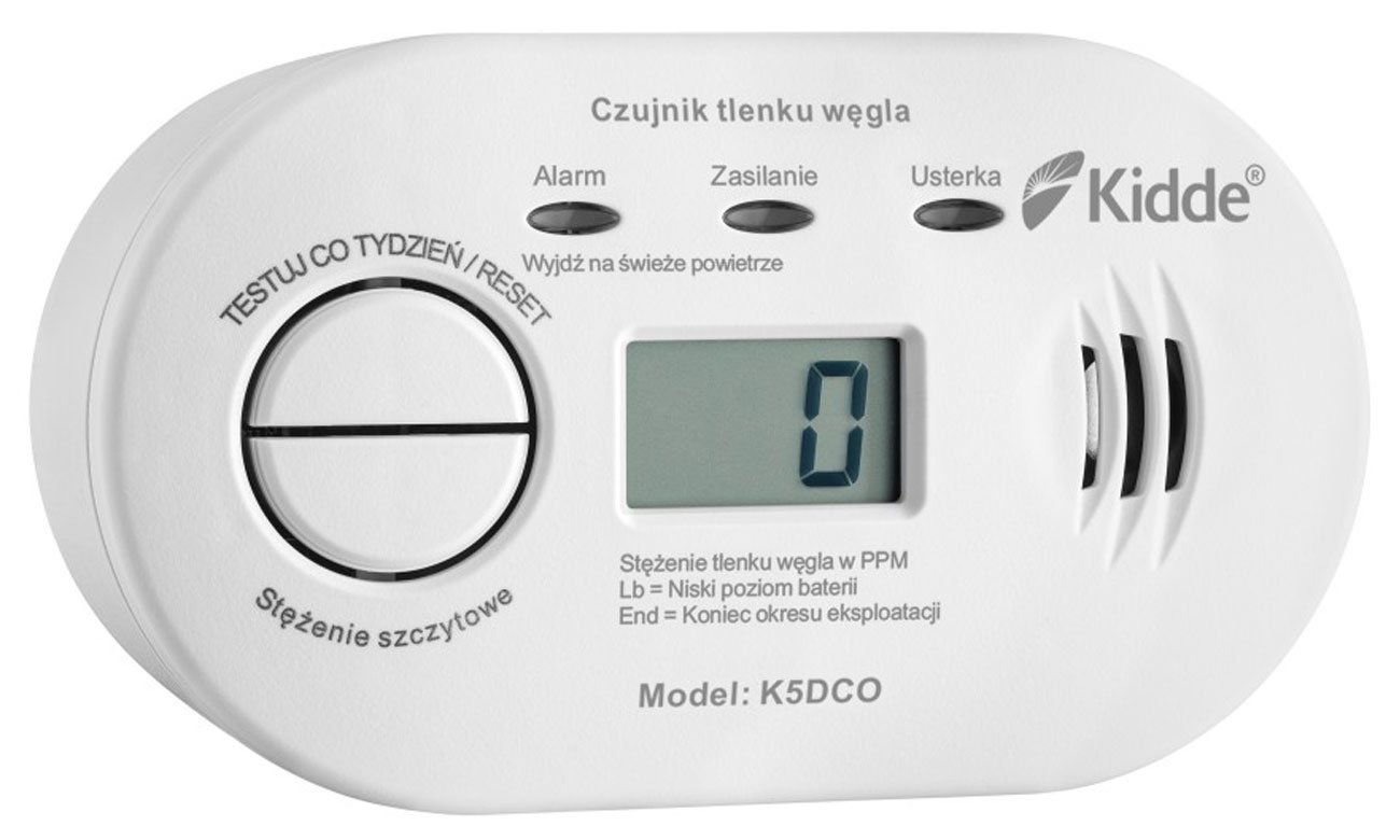 Czujnik tlenku węgla Kidde K5DCO z LCD - Widok od przodu pod kątem