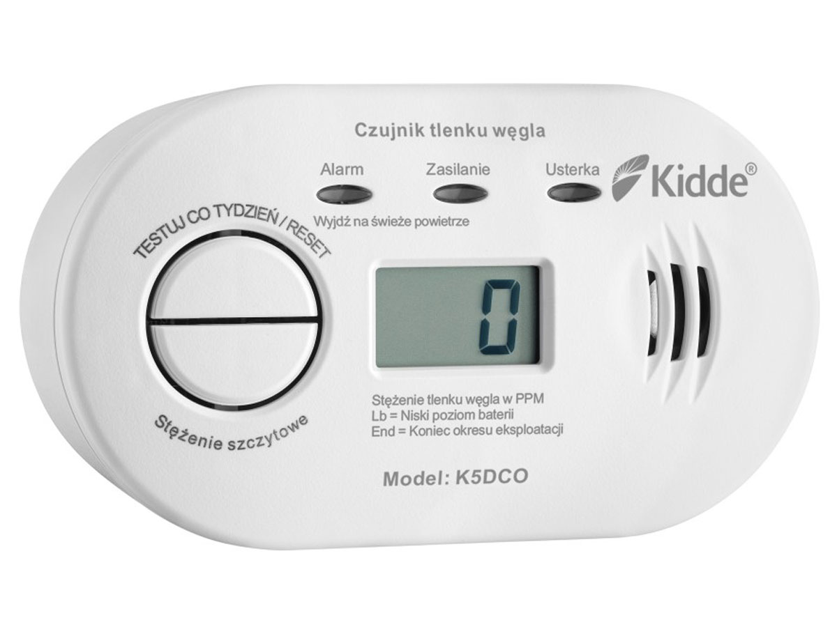 Czujnik tlenku węgla Kidde K5DCO z LCD - Widok od przodu pod kątem