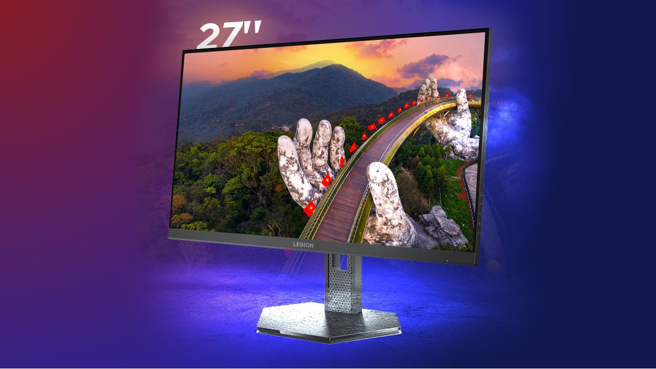 Na ekranie monitora Lenovo Legion 27Q-10 tapeta z samochodem wyścigowym