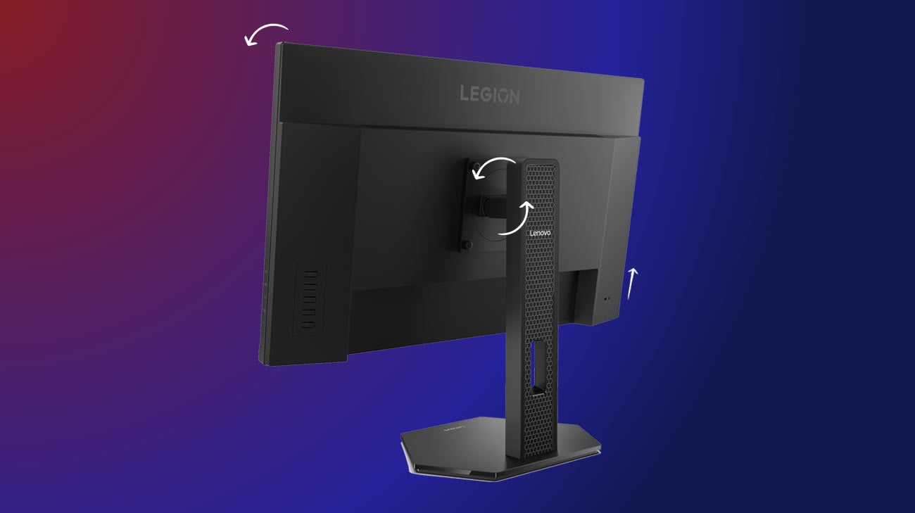 Monitor Lenovo Legion 27QD-10 tyłem, pokazane możliwości regulacji