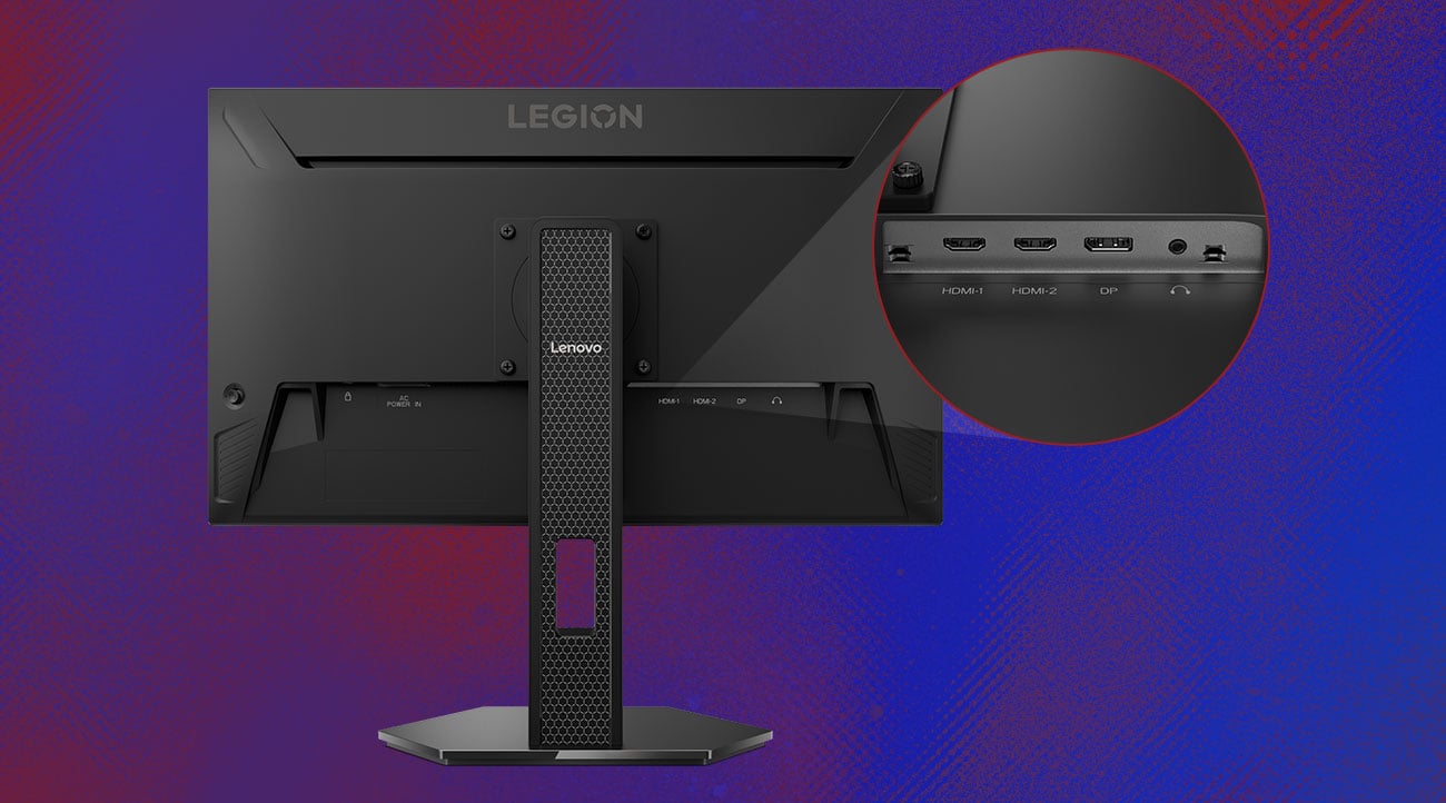 Monitor Lenovo Legion 27Q-10 tyłem, widoczne porty i gniazda na miniaturowym zdjęciu obok