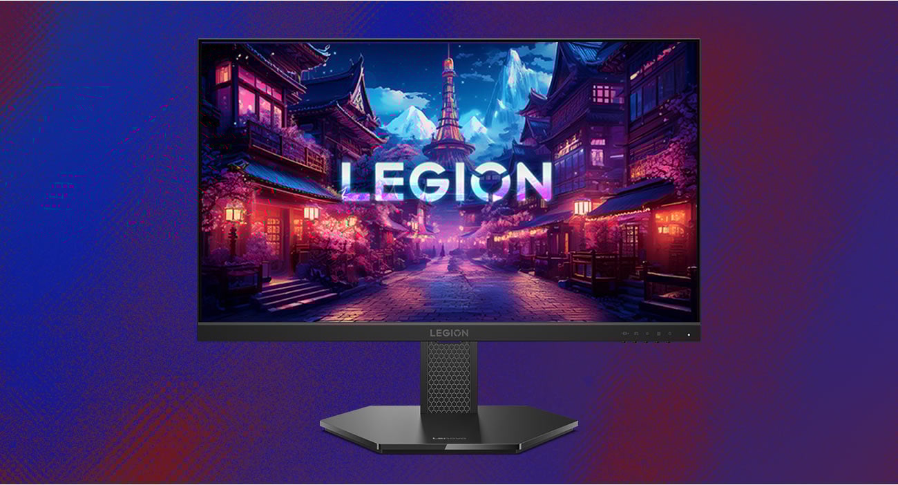 Na ekranie monitora Lenovo Legion 24-10 kolorowa tapeta i podświetlony logotyp Legion