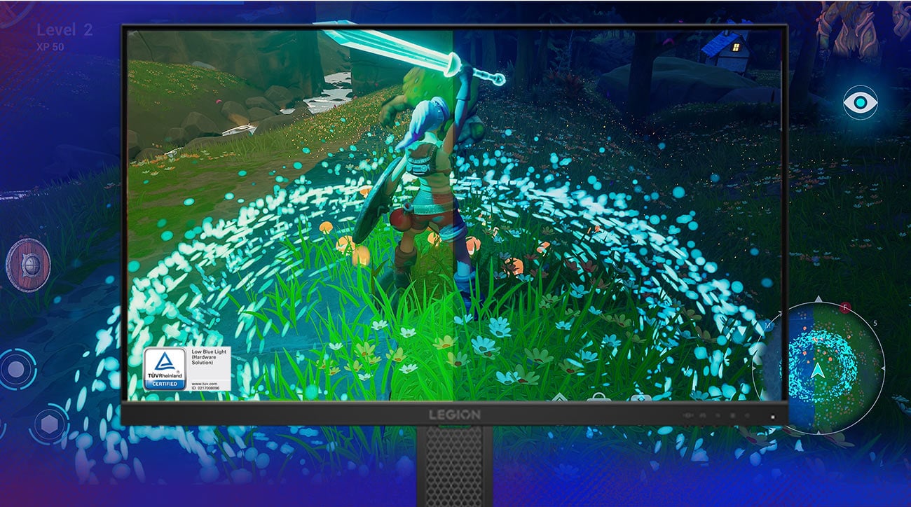 Na ekranie monitora Lenovo Legion 24-10 postać z gry komputerowej