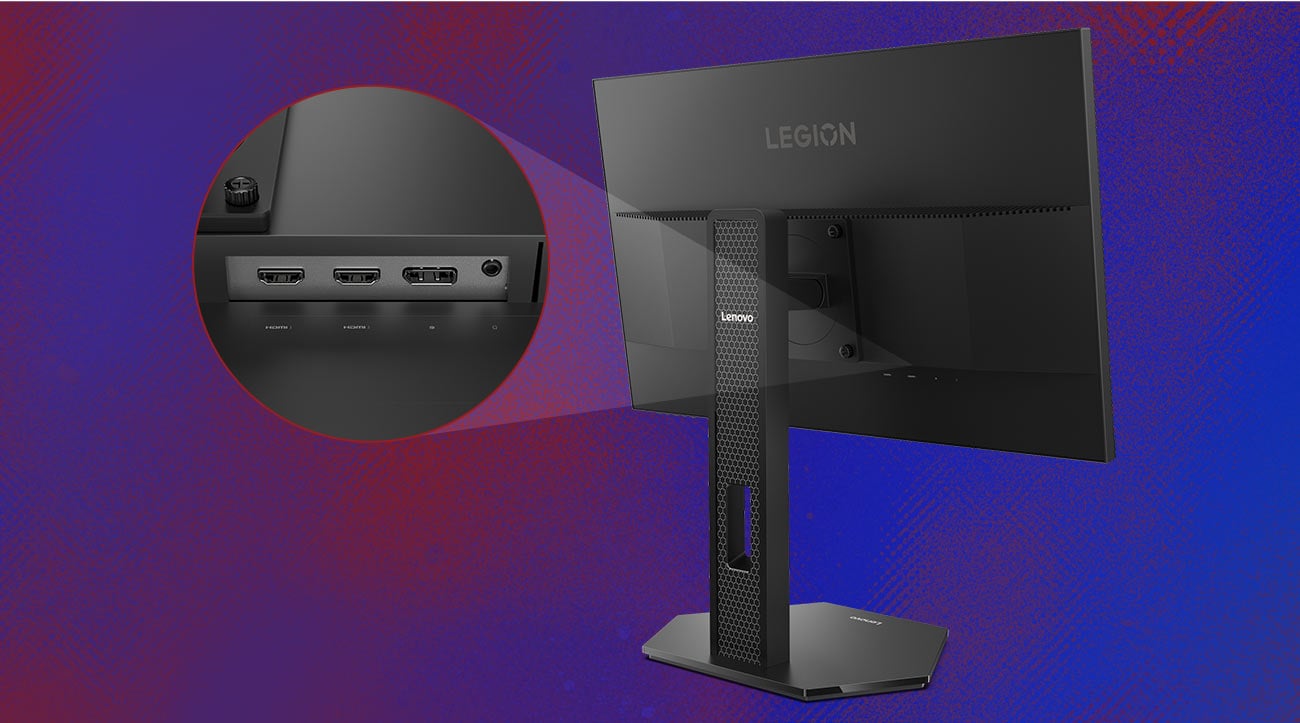 Monitor Lenovo Legion 24-10 tyłem, widoczne porty i gniazda na miniaturowym zdjęciu obok