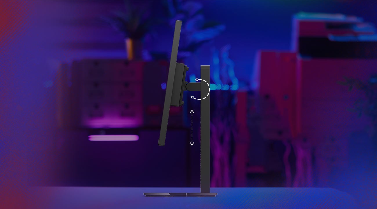 Monitor Lenovo Legion 27-10 bokiem, pokazane możliwości regulacji w pionie i kąt nachylenia