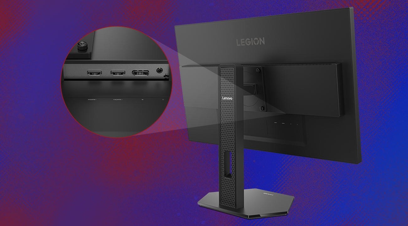 Monitor Lenovo Legion 27-10 tyłem, widoczne porty i gniazda na miniaturowym zdjęciu obok