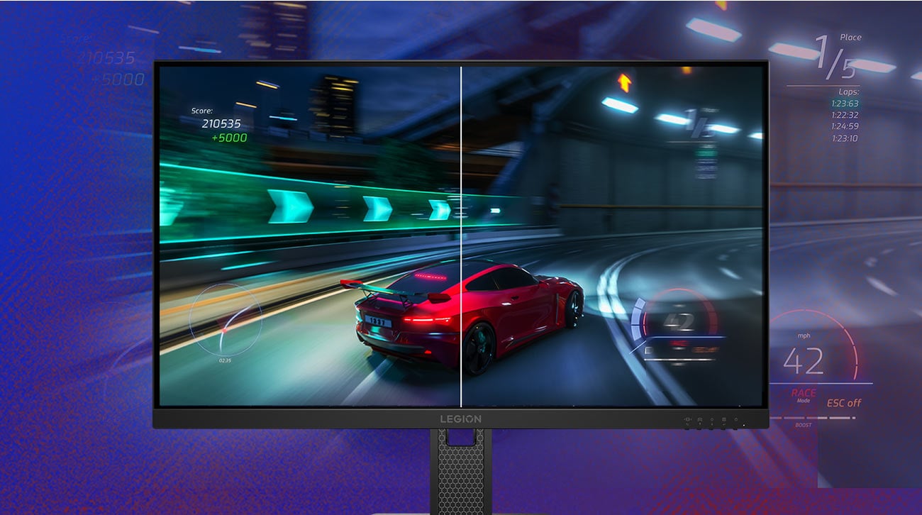 Monitor Lenovo Legion 27-10, na ekranie tapeta z samochodem wyścigowym