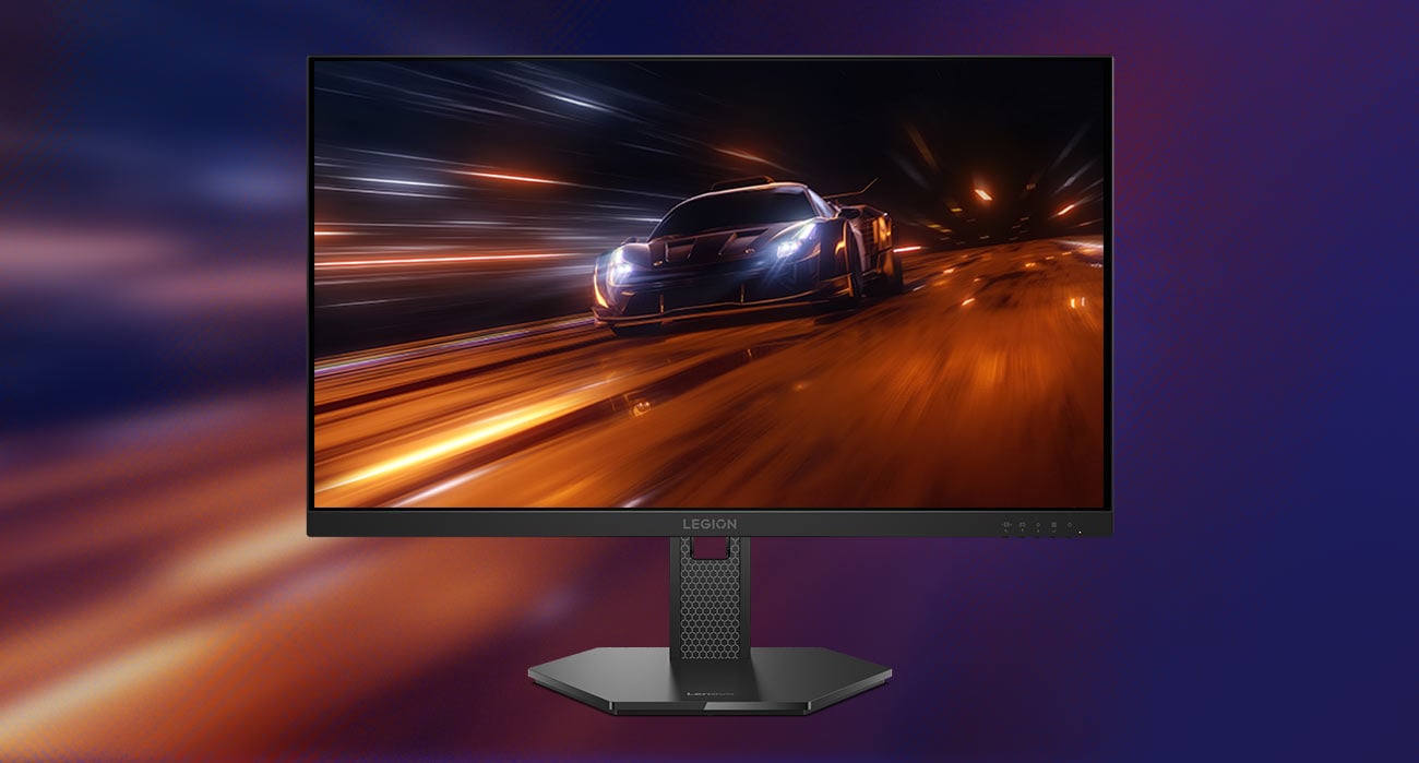 Na ekranie monitora Lenovo Legion 27Q-10 tapeta z samochodem wyścigowym