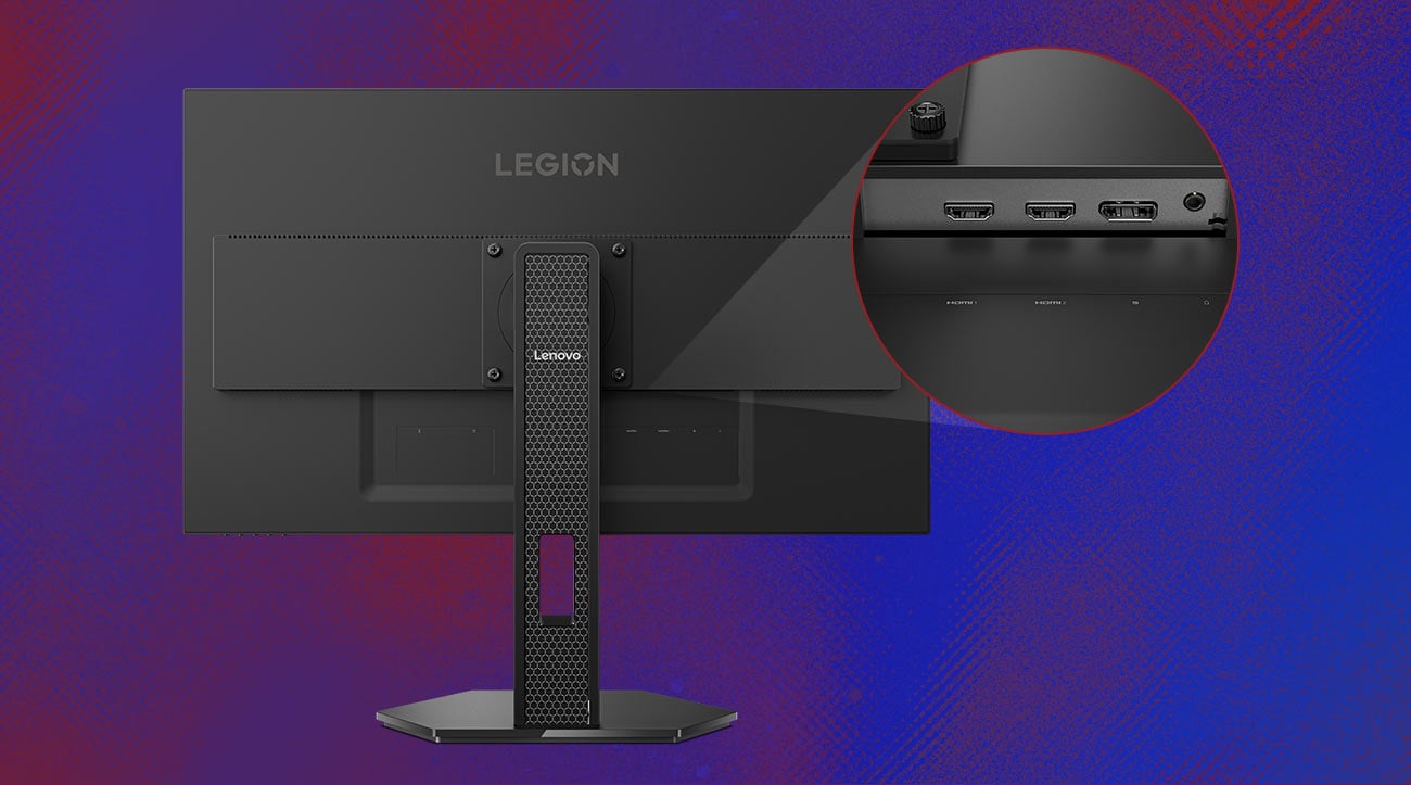 Monitor Lenovo Legion 27Q-10 tyłem, widoczne porty i gniazda na  miniaturowym zdjęciu obok