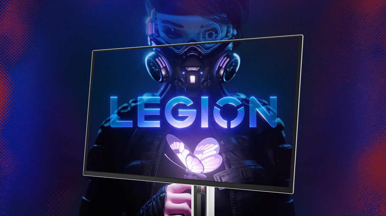 Postać z gry komputerowej i logotyp Legion na ekranie monitora Lenovo Legion Pro 27UD-10