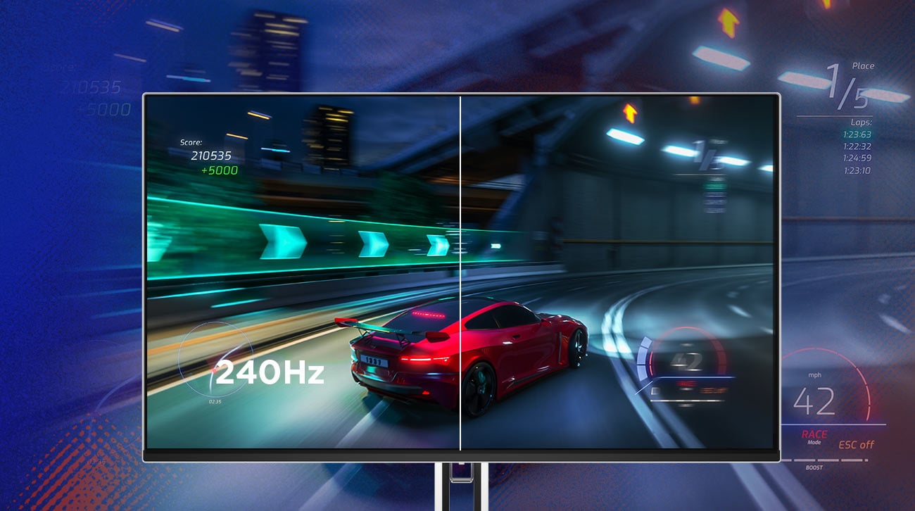 Monitor Lenovo Legion Pro 27UD-10, na ekranie tapeta z samochodem wyścigowym