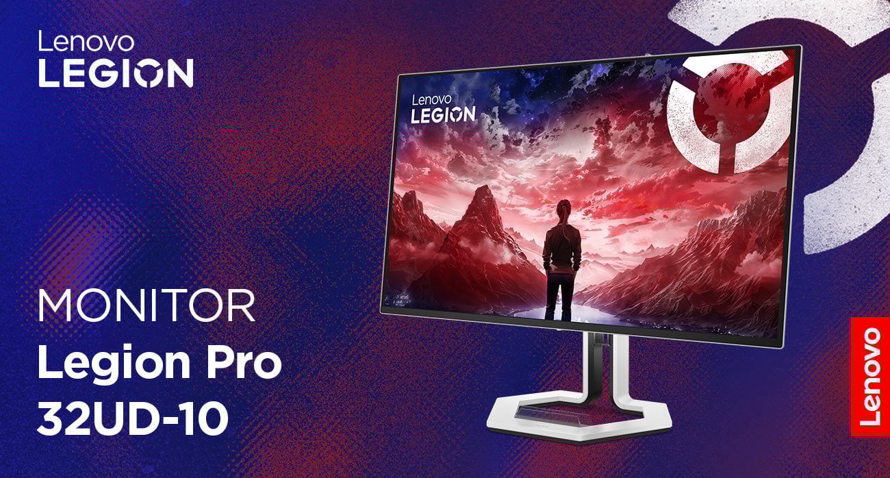 Monitor Lenovo Legion Pro 32UD-10 z wizualizacją gry komputerowej na ekranie